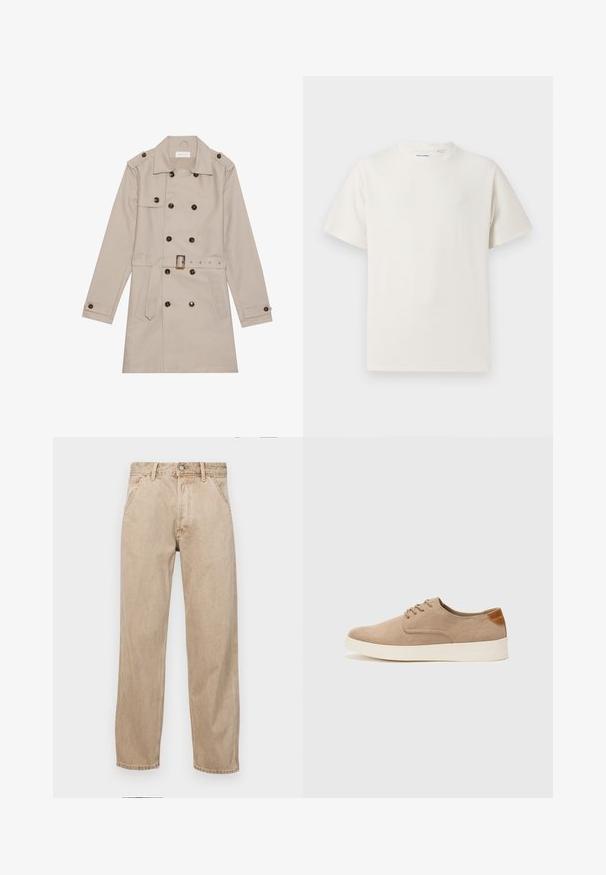 Beige trenchcoat med dobbelt række, store mørke knapper, talje med bælte, skulderlapper og to frontlommer.; Hvid kortærmet T-shirt i ribbet tekstur. Rund halsudskæring, løs pasform, ingen synlige mønstre eller accenter. Enkel og alsidig design.; Beige denimjeans med lige bendesign, med forlommer, metalknaplukning og subtil struktur.; Beige ruskinds sneakers med rund tå, snørebånd foran og en struktureret rygdetalje. Hvid gummisål giver kontrast. Enkel og moderne design.