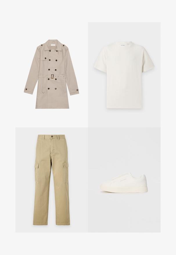 Trench coat bege com design de duplo peito, grandes botões escuros, cintura com cinto, epauletes nos ombros e dois bolsos frontais.; T-shirt branco de manga curta em textura canelada. Gola redonda, ajuste descontraído, sem padrões ou detalhes visíveis. Design simples e versátil.; Calças cargo bege feitas de algodão, com dois bolsos laterais, fecho de botão e pernas retas com um tecido ligeiramente texturizado.; Sapatilhas brancas de atacar com uma superfície texturizada, sola grossa e design minimalista. Possui o logo da marca na lateral.