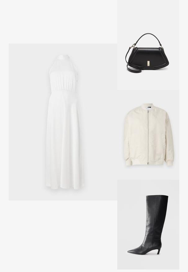 Jasno beżowa bomberka wykonana z gładkiego, lekkiego materiału. Posiada zamek błyskawiczny z przodu, ściągacze przy mankietach oraz boczne kieszenie. Prosty design.; Biała maxi sukienka na ramiączkach z dopasowanym korpusem, marszczonym w pasie i zwiewnym spódnicą. Gładki materiał o subtelnym połysku.; Czarne skórzane wysokie na kolano botki z wydłużonym noskiem, strukturalnym designem i umiarkowanym obcasem. Gładka tekstura, minimalne detale przeszyć.; Czarna skórzana torebka o strukturalnym designie, z przyciętą formą, górnym uchwytem i złotymi akcentami. W zestawie regulowany pasek na ramię.