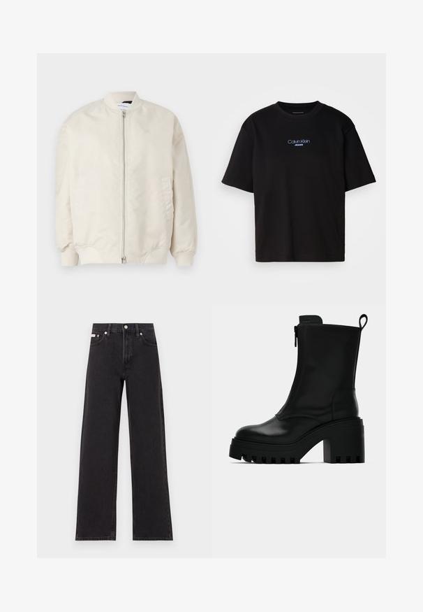 Gai beige bomberjakas, izgatavots no gludas, vieglas auduma. Iespējas: priekšējais rāvējslēdzis, ribota aproce un sānu kabatas. Vienkāršs dizains.; Melna kokvilnas T-kreklu ar apaļu kaklu, īsām piedurknēm un zilu izšūtu "Calvin Klein JEANS" logo priekšpusē.; Melni platmalu džinsi, kas izgatavoti no denima, ar augstu vidukli, piecu kabatu dizainu un metāla pogas aizdari ar kontrastējošu šuvumu.; Melna ādas potītes zābaku ar masīvu zoli, taisnu papēdi, sānu rāvējslēdzēju un cilpu aizmugurē uz vienkārša balta fona.