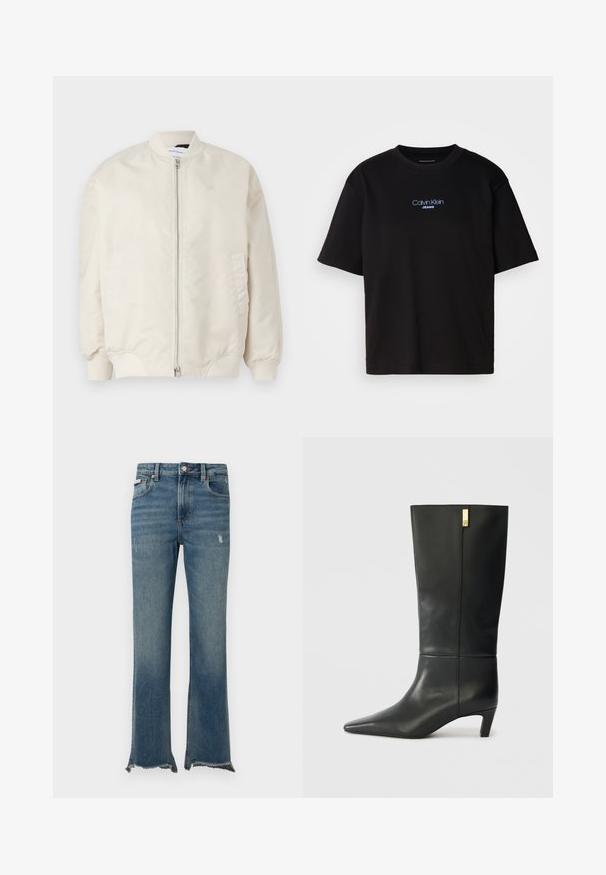 Giacca bomber beige chiaro realizzata in tessuto liscio e leggero. Caratterizzata da una zip frontale, polsini a coste e tasche laterali. Design semplice.; T-shirt nera in cotone con colletto rotondo, maniche corte e logo ricamato blu "Calvin Klein JEANS" sul davanti.; Jeans di denim blu con leggeri segni di usura, orli grezzi sfrangiati, tasche frontali, passanti per cintura e chiusura con bottone.; Stivale in pelle nera fino al ginocchio con punta affusolata e tacco basso. Presenta un design elegante con un dettaglio dorato. Texture liscia.