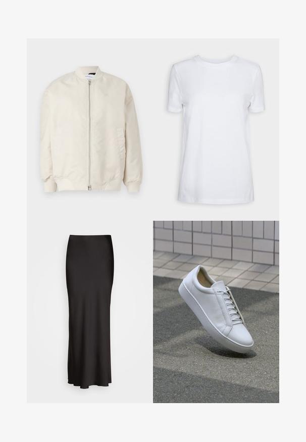 Light beige bomber jacket made of smooth, lightweight fabric. Features a front zipper, ribbed cuffs, and side pockets. Simple design.; White short-sleeve t-shirt made of cotton. Crew neck design with a smooth texture and no visible patterns or accents. Basic style.; Black, floor-length satin skirt with a smooth texture, fitted waistband, and A-line silhouette, featuring no visible embellishments or patterns.; White leather sneaker with a round toe, flat sole, and six pairs of eyelets. Smooth texture and minimalistic design with stitching details.