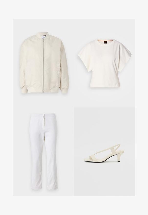 Hele beež bomber-jakk, mis on valmistatud siledast ja kergest kangast. Omab eesmist lukku, soonikkoes mansette ja küljetaskuid. Lihtne disain.; Valge lühikeste laiadte varrukatega lühike T-särk, pehme puuvillane materjal, ümar kaelus kergelt oranži ääristusega, minimaalne disain, ilma mustrite ja graafikateta.; Valged puuvillased püksid sirge lõikega, keskmise kõrgusega vöökoht ja ilma nähtavate detailide või mustriteta. Ühtlane sile tekstuur.; Beez blok-kandadesed õhukeste rihmadega ja ruudukujulise varbaga. Sile materjal minimaalsete detailidega, kujundatud mugavaks kandmiseks.