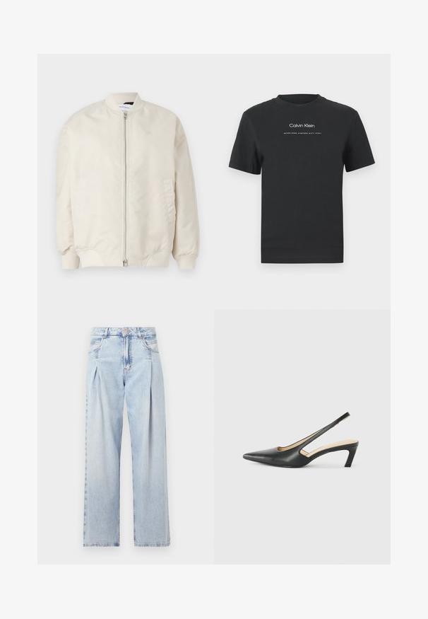 Lichtbeige bomberjack gemaakt van glad, lichtgewicht stof. Voorzien van een ritssluiting aan de voorkant, geribde manchetten en zijzakken. Eenvoudig ontwerp.; Zwarte katoen T-shirt met een ronde halslijn, korte mouwen en een witte geprinte "Calvin Klein" logo en "Established 1968" tekst.; Lichtblauwe denim jeans met een hoge taille, wijde pijpen, twee zijzakken en geplooid ontwerp. Zachte textuur met een vervaagd uiterlijk.; Zwarte puntige slingback schoen met een lage hak, gemaakt van soepel leer en voorzien van een uitsnede aan de zijkant voor ventilatie.