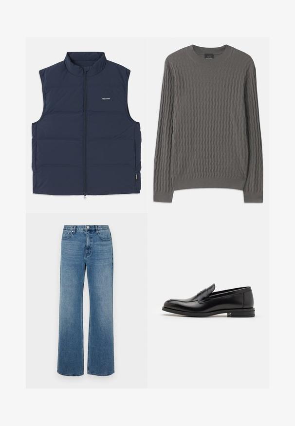 Navy blue padded vest with a high collar, zip closure, and side arm openings. Features a small logo on the chest and smooth texture.; Armani Exchange Jumper - dark gull zig zag; Wide-leg blue jeans made of denim with a faded finish. Features five pockets, a front button closure, and a straight cut.; Black leather loafers with a smooth texture, rounded toe, and a decorative strap across the vamp. Low stacked heel, minimalist design.