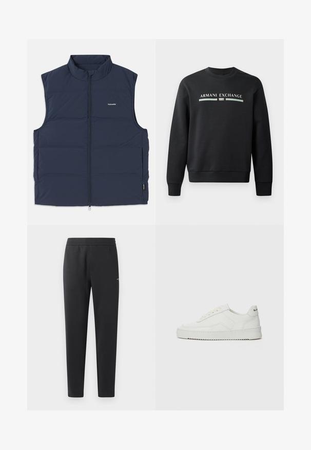Námořnický modrý zateplený vestu s vysokým límcem, zipovým zapínáním a otvory na ruce po stranách. Obsahuje malé logo na hrudi a hladký povrch.; Černá mikina vyrobená z měkké látky. Má klasický kulatý výstřih a dlouhé rukávy. Na přední straně je nápis "ARMANI EXCHANGE" a "1991" v kontrastních barvách.; Černé joggingové kalhoty vyrobené z měkké tkaniny, s elastickým pasem, rovnými nohavicemi a malým logem na boku.; Bílé kožené tenisky s hladkým povrchem, kulatou špičkou, plochými tkaničkami a texturovanou podrážkou. Na patě se nachází nenápadné logo.