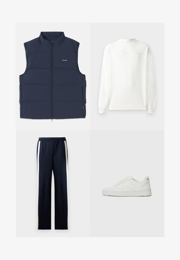 Tamsiai mėlynas paminkštintas liemenė su aukštu apykakle, užtrauktuku ir šoniniais rankovių atvartais. Turi mažą logotipą ant krūtinės ir lygią tekstūrą.; Balta džemperis su apvalia iškirpte, ilgomis rankovėmis ir raukšlėtais rankogaliais. Priekyje yra auksinė spauda: "HZW (25-26) HOLZWEILER THE SUN."; Jūrų laivyno kelnės su plačia kojų forma, su vertikaliomis smėlio spalvos juostelėmis šoninėse dalyse. Pagamintos iš minkštos, tekstūrinės medžiagos, su elastinga juosmens juosta.; Balti odiniai sportiniai bateliai su lygia apdaila, apvaliu pirštu, plokščiais raišteliais ir tekstūruotu padu. Pasižymi subtiliu logotipu ant kulno.