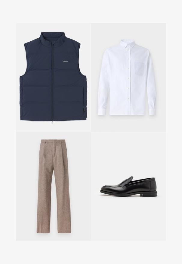 Tengerészkék, párnázott mellény magas gallérral, cipzáras záródással és oldalsó karnyílásokkal. Kicsi logóval rendelkezik a mellkason és sima tapintású.; Fehér, hosszú ujjú, gombos ing pamutból, mellzsebbel, tónusos hímzéssel, gallérral és gombos mandzsettával.; Barna, magas derekú nadrág texturált anyagból. Széles szárai és két elülső redője biztosítja a struktúrát. Ízléses kivitel, látható fémszerelés nélkül.; Fekete bőr loaferek sima textúrával, kerek orral és dekoratív pánttal a vampnál. Alacsony, rétegelt sarkú, minimalista dizájn.
