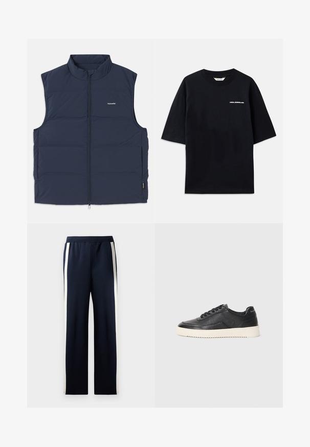 Tamno plava podstavljena prsluk s visokim ovratnikom, zatvaranjem na patentni zatvarač i otvorima za ruke sa strane. Ima mali logo na prsima i glatku teksturu.; Crna pamučna majica s kratkim rukavima, okruglim izrezom i malim belim logom "HOLZWEILER" sprijeda, s ležernim krojem.; Mornarice trenirke širokog kroja s okomitim krem trakama uz strane. Izrađene su od mekanog, teksturiranog materijala i imaju elastičnu traku u struku.; Crne kožne tenisice s teksturiranim završetkom, okruglim vrhom i ravnim bijelim gumenom potplatom. Karakteriziraju ih crne vezice i branding na peti.