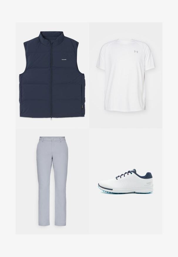 Marineblå polstret vest med høy krage, glidelås og åpninger til armene. Har et lite logo på brystet og en jevn tekstur.; Hvit treningstopp med korte ermer laget av glatt stoff. Har rund hals og grått logo på venstre bryst, med sidesplitter i kanten.; Lys grå bukser med rett snitt, knappelukking, frontlommer og et glatt, strukturert stoff. Minimalistisk design, uten mønstre.; Hvite idrettssko med en glatt syntetisk overdel, blå detaljer, teksturert marineblå hæl og en lett, pigget såle for bedre grep.