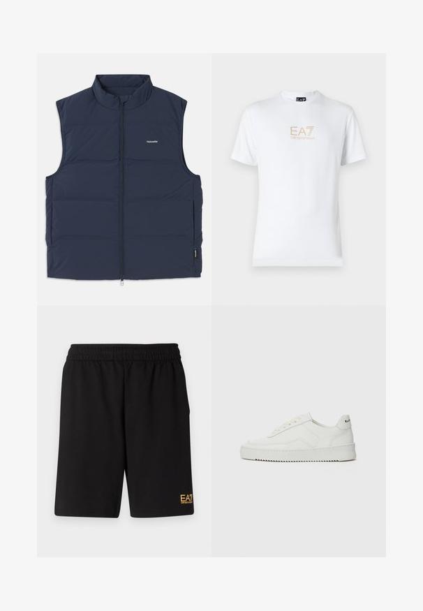 Tengerészkék, párnázott mellény magas gallérral, cipzáras záródással és oldalsó karnyílásokkal. Kicsi logóval rendelkezik a mellkason és sima tapintású.; Fehér pamut póló, kerek nyakkivágással és rövid ujjakkal, az elején arany EA7 Emporio Armani logóval nyomtatva.; Fekete sportnadrág puha anyagból, rugalmas derékkal és egy kis sárga EA7 logóval a bal alsó lábszáron.; Fehér bőr sportcipő sima felülettel, kerek orral, lapos fűzőkkel és texturált talppal. Finom logó található a sarokon.