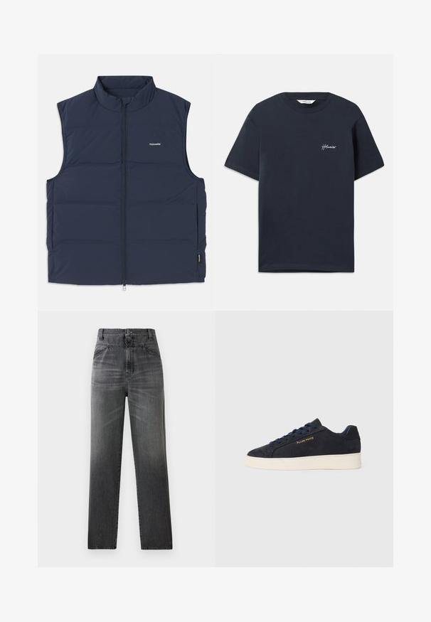 Tumši zila polsterēta veste ar augstu apkakli, ar rāvējslēdzēju un sānu rokas atverēm. Uz krūškurvja ir neliela logo, un tai ir gluda tekstūra.; Tumši zila kokvilnas T-krekla ar īsām piedurknēm. Izceļas ar balto izšuvumu zīmolu logo kreisajā krūtī. Klasisks apaļais kakla izgriezums.; Tumši pelēki džinsi ar augstu jostasvietu, taisnu kāju dizainu un izbalējušu faktūru, kas aprīkoti ar priekšējiem kabatām un vienu pogas aizdari.; Navy zila zamšas zema augstuma kedas ar baltu zoli, navy krāsas auklām un "Filling Pieces" logo zeltā sānos.