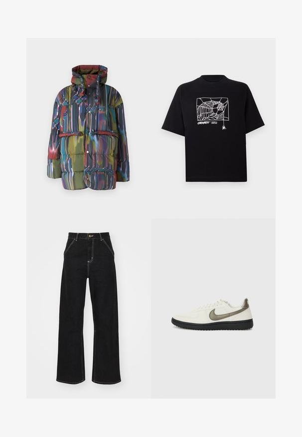 Pufīgs mētelis ar daudzkrāsainu abstraktu dizainu. Satur kapuci, sprādzes un priekšējo kabatu ar atloku. Audums ir spīdīgs un teksturēts.; Melnā kokvilnas T-kreklā ir īsas piedurknes. Uz priekša ir balti zirnekļa tīkla grafika un logo. Vienkārša noapaļota izgriezne.; Melnas platajās biksēs, kas izgatavotas no denima, ar kontrastējošas baltas šuves un priekšējo pogu aizdari, kā arī divām slīpajām priekšējām kabatām.; Nike Sportswear FIELD GENERAL - Treniņu apavi - off-white/black