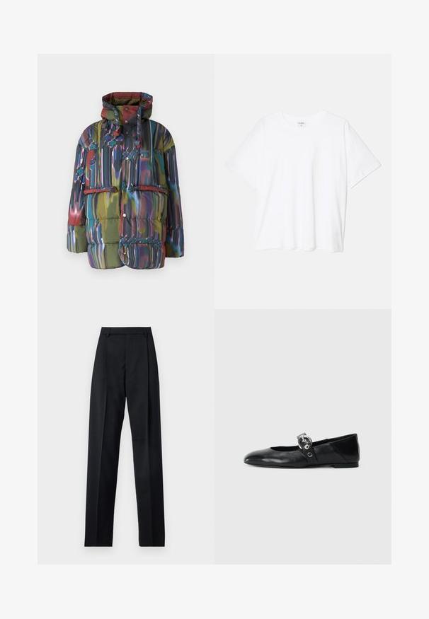 Pehmed jope mitmevärvilise abstraktse kujundusega. Sisaldab kapuutsi, nuppliiste ja esikotti klapiga. Kude on läikiv ja tekstuurne.; Valge puuvillane T-särk lühikeste varrukatega, ümmargune kaelus, mugav lõige ja õmmeldud serv. Silt nähtav kaela seest.; Mustad püksid siledast kangast, millel on kõrge vöökoht, laiad jalad, esimesed kortsud ja klassikalised vööloopid. Küljepockets pole nähtavad.; Mustadest nahast balleti kingad terava varbaga, millel on rihm ümmarguse metallist pandlaga ja lame tald.