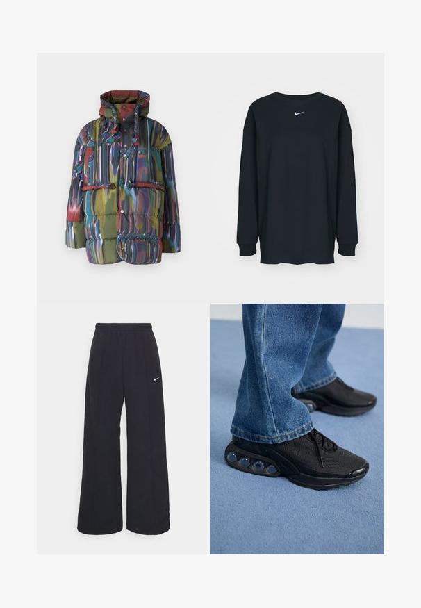 Paminkštinta striukė su daugiakampiu abstrakčiu dizainu. Yra gobtuvas, spaudės mygtukai ir priekinė kišenė su atvartu. Audinys blizgus ir tekstūruotas.; Juodas ilgam rankovėms marškinėlis, pagamintas iš medvilnės, su apvalia iškirpte. Krūtinėje yra baltas Nike logotipas. Minkšta tekstūra, paprastas dizainas.; Juodos plačios kojos kelnės su elastinga liemene ir mažuoju baltu Nike logotipu. Audinys turi lygią tekstūrą, sukurtas patogumui ir kasdieniam nešiojimui.; Juodi sportiniai bateliai su tinkliniu viršumi, tekstūruotais akcentais ir matomais oro pagalvėmis pado viduje. Dėvimi su mėlynais džinsais.