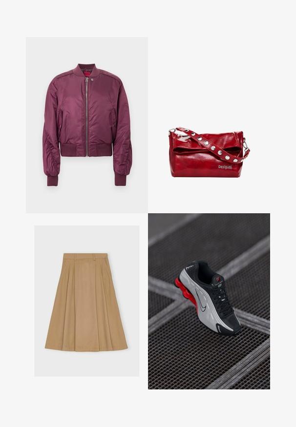 Vínová bomber bunda s hladkým, lesklým povrchom, rebrovanými manžetami a lemom. Má predný zips a bočné vrecká. Ľahký dizajn.; Biela bavlnená tričko s okrúhlym výstrihom, krátkymi rukávmi a čiernym logom Nike potlačeným na hrudníku. Jednoduchý a klasický dizajn.; Sukňa po kolená, plisovaná, v svetlohnedej bavlne, so priliehavým pásom a pútkami na opasok a rovnými okrajmi.; Čierna a šedá atletická obuv s červenou odpruženou podrážkou, čiernymi šnúrkami a logom Swoosh odložená na kovovej mriežke.; Červená syntetická kožená taška cez rameno s prehnutým klapkovým uzáverom, strieborné cvoky na popruhu a potlačou loga "Desigual".