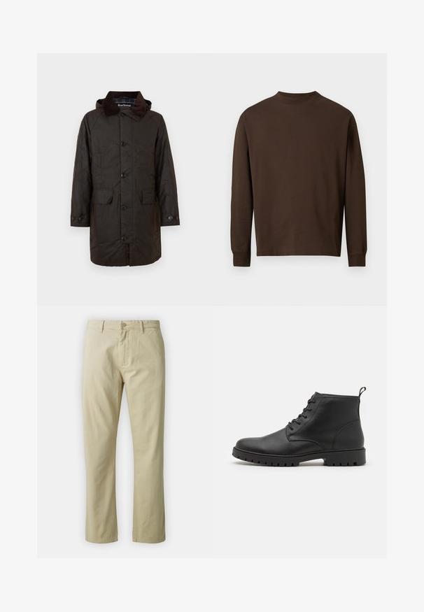 Casaco Barbour castanho-escuro com fecho de botão, dois bolsos de aba e colarinho em veludo cotelê, exibido em fundo branco.; Camisa castanha de manga longa feita de um tecido suave, com decote redondo e corte reto, sem padrões ou acessórios visíveis.; Calças de algodão bejes com um design de perna reta, fecho frontal com botão e passantes para cinto. Textura suave, sem padrões ou detalhes visíveis.; Botas de tornozelo em couro preto com atacadores na parte da frente, bico arredondado e sola de borracha robusta. Possui uma alça na parte de trás para facilitar o calçar.