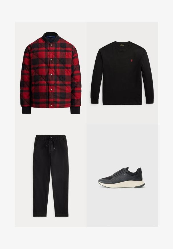 Izšūta bombjera jaka sarkanā un melnā pledā, ar apaļu apkakli, aizdari ar spiedpogām un ribotām aprocēm siltumam un komfortam.; Melnas garās piedurknes T-krekls no kokvilnas. Iezīmēts ar apaļu kakla izgriezumu, ribotiem piedurknēm un mazu sarkanu izšūtu logotipu uz krūts. Gluda tekstūra.; Melnas ikdienas bikses ar elastīgu josta, aukliņu, priekšējo pogu un sānu kabatām, attēlotas uz neitrāla fona.; Melnas sporta kedas ar sietveida augšdaļu ar perforācijām, teksturētu vidusdaļu krēmkrāsā un gumijas zoli nodrošinot saķeri.