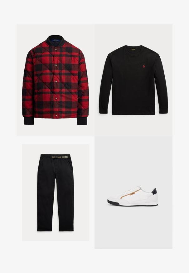 Veste bomber matelassée en tartan rouge et noir, dotée d'un col rond, d'une fermeture à boutons-pression et de poignets côtelés pour plus de chaleur et de confort.; T-shirt noir à manches longues en coton. Il possède un col rond, des poignets côtelés et un petit logo rouge brodé sur la poitrine. Texture lisse.; Pantalon noir en tissu léger, avec une taille élastique intégrant une ceinture verte, coupe droite et poches latérales.; Baskets blanches avec des accents en maille et en cuir. Caractéristiques d'un logo "BOSS" doré, de panneaux latéraux texturés et d'un capuchon de talon noir. Semelle en caoutchouc.