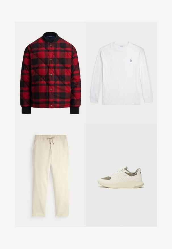 Izšūta bombjera jaka sarkanā un melnā pledā, ar apaļu apkakli, aizdari ar spiedpogām un ribotām aprocēm siltumam un komfortam.; Baltas garām piedurknēm T-krekls, izgatavots no kokvilnas. Tam ir apaļa kakla izgriezne, ribotas piedurknes un neliels tumši zilas polo logo kreisajā krūtī.; Off-white ikdienas bikses ar elastīgu jostu un auklu, taisnām kājām un sānu kabatām uz vienkārša fona.; Baltas un gaiši bež sporta apavi, ar sieta augšdaļu, perforētiem detaļām un teksturētu vidusdaļu ar zīmolu uz papēža.