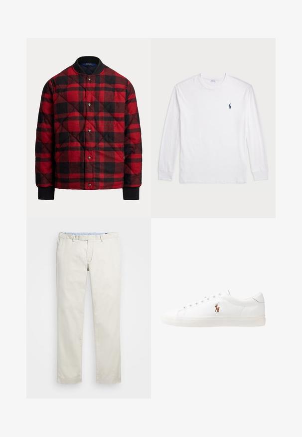 Quilted bomber jacket in red and black plaid, featuring a round collar, snap button closure, and ribbed cuffs for warmth and comfort.; White long-sleeve T-shirt made of cotton. Features a round neckline, ribbed cuffs, and a small navy blue polo logo on the left chest.; Beige cotton chinos with a flat front, belt loops, and side pockets. Straight-leg design with a smooth texture and a light, breathable feel.; White leather sneakers, low-top design, featuring a smooth texture, round toe, laced front, and a small embroidered logo on the side.