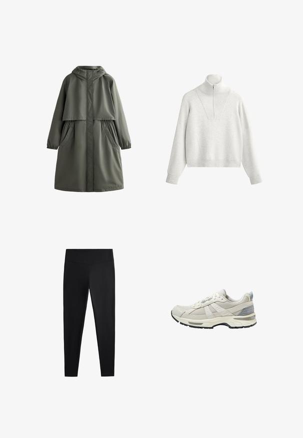 Oliwkowy wodoodporny płaszcz z kapturem, z elastycznymi mankietami, dwiema bocznymi kieszeniami i warstwowym designem. Gładka faktura i średniej długości krój.; Jasnoszara bluza z wysokim kołnierzem, z pół-zamkiem błyskawicznym i prążkowaną fakturą. Prosty krój z opuszczonymi ramionami i strukturalnym designem.; Czarne legginsy wykonane z gładkiego, elastycznego materiału. Posiadają szeroki pas oraz zwężany krój nogawek, odpowiednie zarówno do aktywności fizycznej, jak i na co dzień.; Beżowy but sportowy z teksturowaną siateczkową cholewką i gładkimi akcentami. Posiada amortyzowaną podeszwę, wzmocniony nosek oraz czarną gumową podeszwę zewnętrzną.