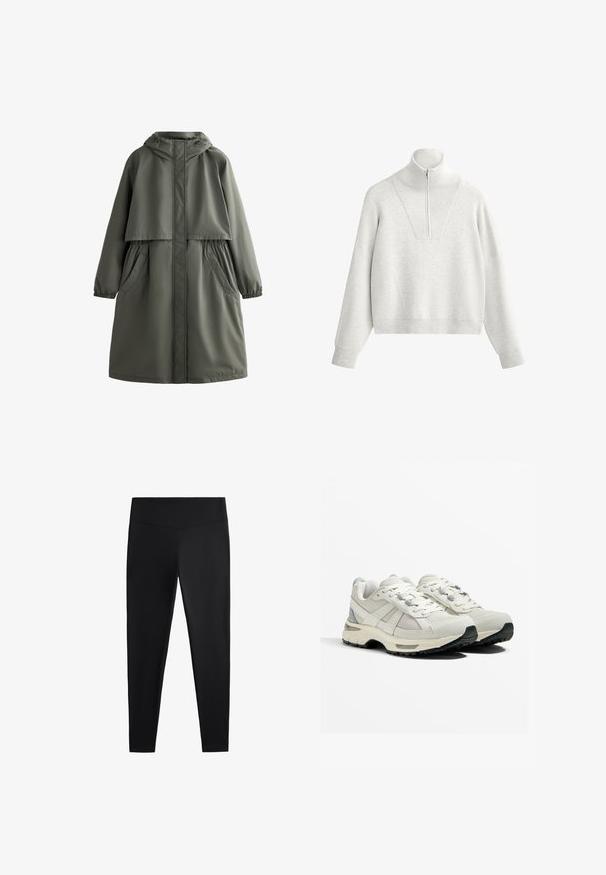 Olijfgroen waterdichte jas met capuchon, elastische manchetten, twee zijzakken en een gelaagd ontwerp. Soepele textuur en gemiddelde lengte.; Lichtgrijze sweatshirts met een hoge kraag, voorzien van een halve rits en ribbeltextuur. Vierkante snit met doorlopende schouders en een gestructureerd ontwerp.; Zwarte leggings van gladde, rekbare stof. Voorzien van een brede tailleband en een taps toelopend pootdesign, geschikt voor actieve of casual kleding.; Lichte hardloopschoenen in beige en grijs. Bovenwerk van mesh, rubberen zool, veters met versterkte ogen en een getextureerde hakaccent.