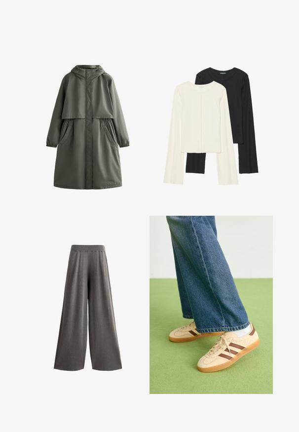 Olive vihreä vedenpitävä takki, jossa on huppu, kuminauhakäreet, kaksi sivutaskua ja kerroksellinen muotoilu. Sileä pinta ja keskipitkä leikkaus.; Kaksi pitkähihainen puseroa valkoisena ja mustana. Varren neulos, pyöreä kaulus, tiukka malli, jossa on hieman levenevät hihat.; Pöörrelevat lahkhanes tumedast hallist tekstiilist. Omab kõrget, elastset vöökohta ja voolavat siluetti. Nähtavaid taskuid ega kinnitusi pole.; Beige lenkkarit, joissa on tekstuuriset kerma-paneelit ja ruskeat raidat, yhdistettynä sinisiin farkkuihin. Farkut ovat leveät ja niissä on repaleinen helma.