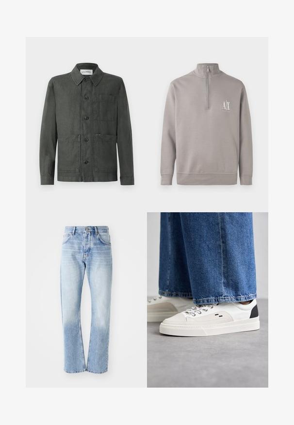 Gray linen jacket with a collared neck, front pocket, and button closure. Features a relaxed fit and subtle texture.; Light gray quarter-zip pullover made of soft material, featuring a small white logo on the chest and elasticated cuffs and hem.; Light blue denim jeans with a straight-leg cut. Features a five-pocket design, button fly, and faded texture towards the bottom.; White and black sneakers with a smooth leather upper, textured accents, and a chunky white sole. Features a classic lace-up design.