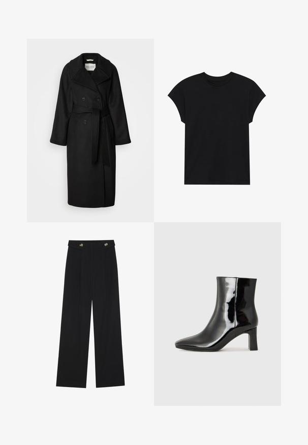 Svart ullblandad kappa med dubbelknäppt fram, breda slag, långa ärmar och ett självbindande bälte i midjan.; Svart bomull t-shirt med rund halsringning, korta ärmar och avslappnad passform. Slät textur utan synliga mönster eller prydnader.; Svarta vida byxor med hög midja, knäppdetaljer i midjan och framfickor.; Svart lackläder ankelboot med spetsig tå och en medelhög klack. Slät textur och minimalistisk design.