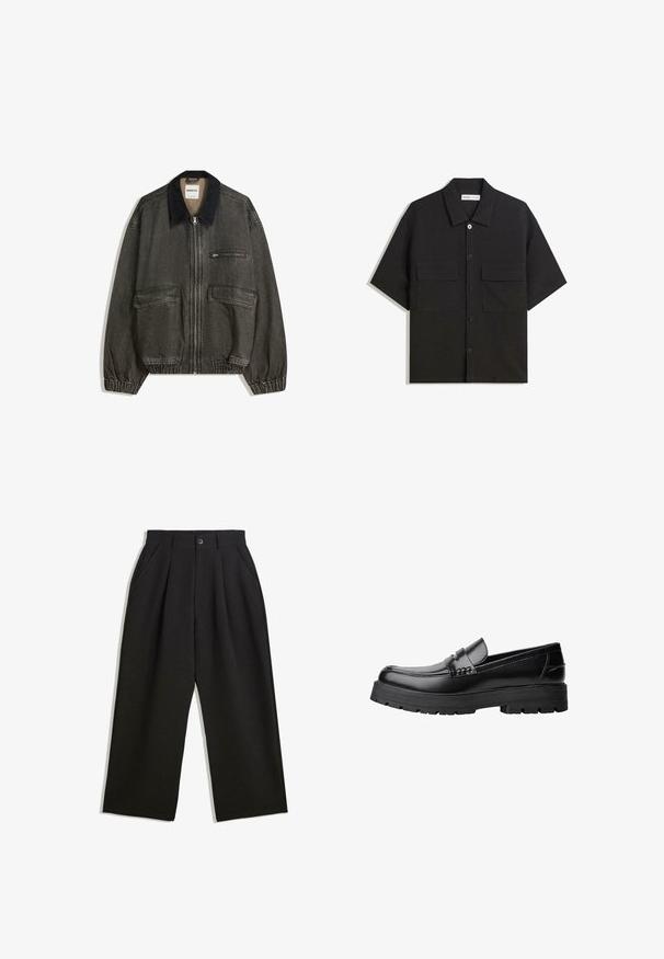 Temno siva jeansa jakna z črnim kordnim ovratnikom, elastičnimi manšeti, dvema stranskima žepoma in žepom s ključavnico na prsih. Teksturna tkanina.; Črna kratkotrajna srajca iz tkanine z gladko teksturo, ima dve sprednji žepki, klasičen ovratnik in zapiranje na gumb.; Črne hlače z sproščenim krojem, z naborki spredaj, stranskimi žepi in gumbom za zapiranje. Narejene so iz strukturirane tkanine.; Črne usnjene loafersice s debelim profiliranim podplatom in dekorativnim pasom čez zgornji del, prikazane v levem stranskem profilu na beli podlagi.