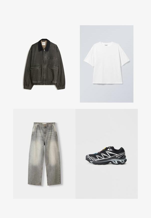 Dark gray denim jacket with a black corduroy collar, elastic cuffs, two side pockets, and a zippered chest pocket. Textured fabric.; White cotton t-shirt with a round neckline and short sleeves. Relaxed fit with no visible patterns or accents. Smooth texture.; Wide-leg jeans in a light gray wash. Features a faded finish, five pockets, and a button closure. Material is soft denim.; Black running shoe with silver accents, GORE-TEX material, textured sole, and colorful laces. Features a cushioned heel for support.