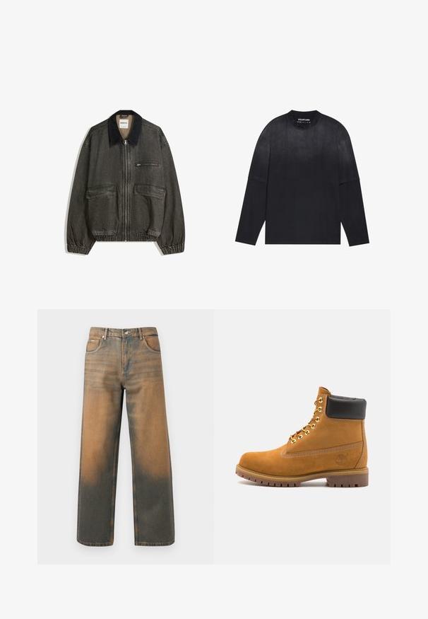 Temno siva jeansa jakna z črnim kordnim ovratnikom, elastičnimi manšeti, dvema stranskima žepoma in žepom s ključavnico na prsih. Teksturna tkanina.; Črna majica s dolgimi rokavi, izdelana iz mehke tkanine; ima krožen izrez, ohlapen kroj in rahlo gradientno izvajanje od svetle do temne barve.; Široke kavbojke v obrabljenem modrem in rjavem denimu. Imajo visok pas, sprednje žepke in klasično zapiranje na gumb z kovinskimi poudarki.; Svetlo rjave anklne čizme iz semiša z črnim oblazinjenim ovratnikom, zlatimi kovinskimi očesci, belimi šivi in robustnim gumijastim podplatom s izrazitimi tredi.