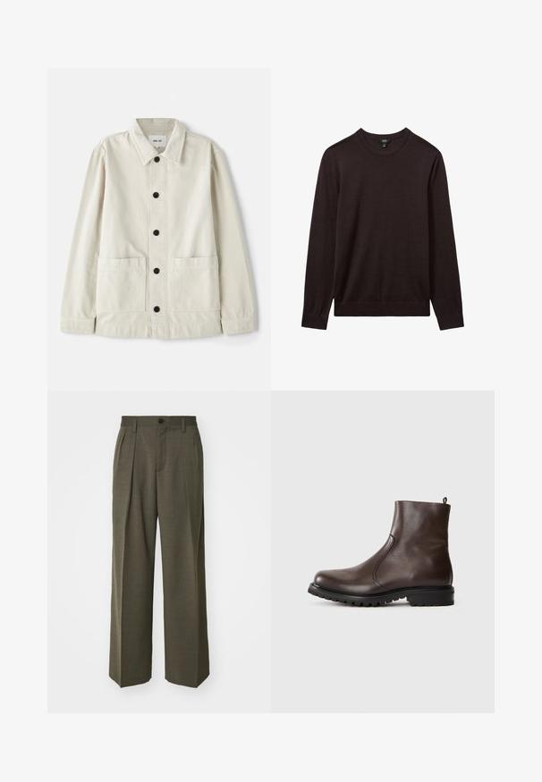 Jasno beżowa kurtka zapinana na guziki, wykonana z wytrzymałej bawełny, z kołnierzem zapinanym na dół, dwoma przednimi kieszeniami i sześcioma czarnymi guzikami. Gładka faktura.; Reiss - Sweter; Filippa K - Spodnie materiałowe; Brązowe skórzane botki za kostkę o gładkiej powierzchni, z elastycznymi bocznymi panelami, pętelką z tyłu oraz wytrzymałą gumową podeszwą.