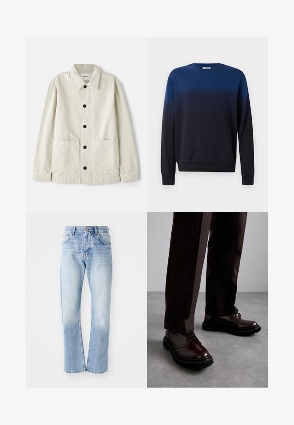 Jachetă bej deschis, cu nasturi, din bumbac durabil, cu guler căptușit, două buzunare frontale și șase nasturi negri. Textură netedă.; Hanorac ombre de la albastru la negru, cu guler rotund, mâneci lungi, material moale, manșete și tiv din ribana, design minimalistic fără modele sau accente.; Jeans din denim de culoare bleu deschis, cu croială dreaptă. Prezintă un design cu cinci buzunare, fermoar cu nasturi și o textură estompată spre partea de jos.; Pantofi din piele maro, cu șiret, având un finisaj lucios, talpă din cauciuc negru și o cusătură subtilă. Purtați cu pantaloni maro cu dungi.