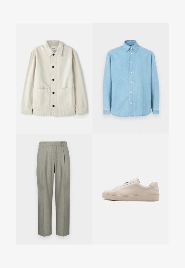 Lys beige button-up jakke i slidstærk bomuld med nedfoldet krave, to frontlommer og seks sorte knapper. Glat tekstur.; Lyseblå denim skjorte med lange ærmer og knaplukning, med spidse kraver og hvide knapper, præsenteret på en ensfarvet baggrund.; Lys grå bukser i et struktureret stof. Har en lige ben-design, plissee foran og en flad talje.; Beige lædersneakers med en glat finish, rund tå, flad sål og klassisk snøredesign. Subtile syninger og struktureret ydersål.