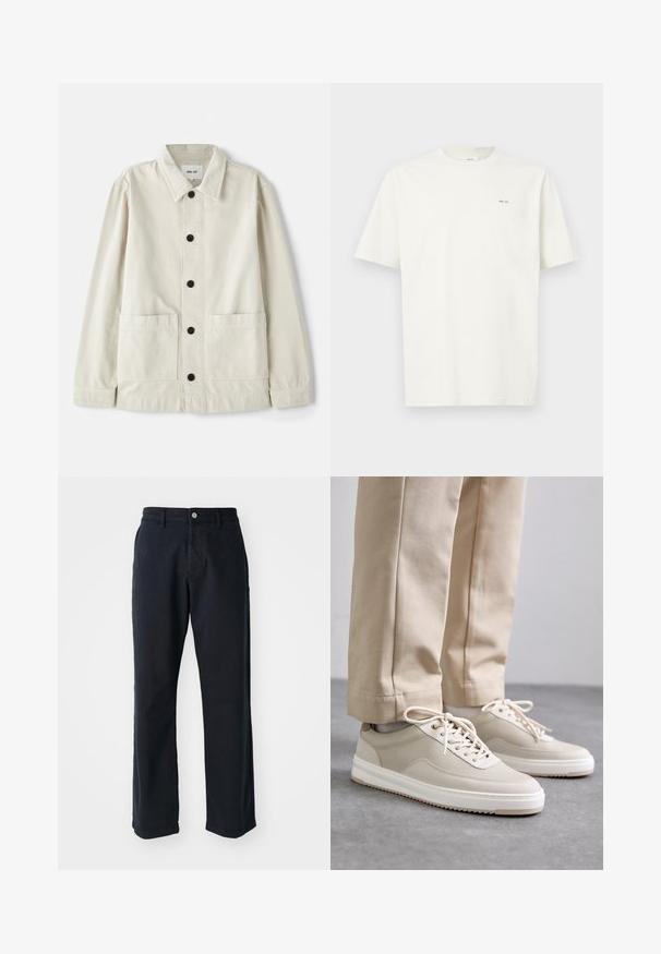 Lys beige button-up jakke i slidstærk bomuld med nedfoldet krave, to frontlommer og seks sorte knapper. Glat tekstur.; Lys hvid kortærmet T-shirt med lille sort "NN. 07" tekst på venstre bryst mod en lys baggrund.; Marineblå bomuldsbukser i lige ben-design, med en frontlukning med knap og to sidelommer. Glat tekstur, ingen synlige mønstre.; Beige sneakers med en tekstureret overdel, hvide såler og stikninger, parret med beige bukser, præsenteret på en grå overflade.