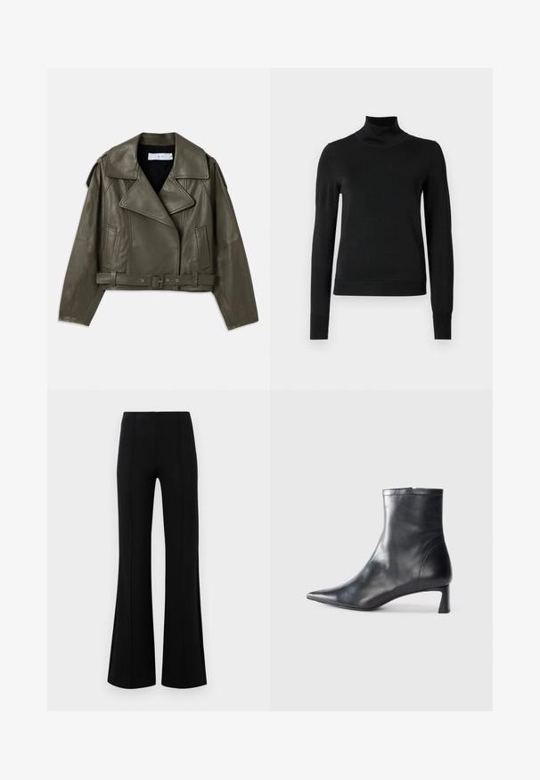 Olive green leather biker jacket, cropped design, wide lapels, belted waist, long sleeves, side pockets, and shoulder epaulettes.; Black long-sleeve turtleneck sweater with ribbed cuffs and hem, displayed on a plain white background.; Black flared pants with a high waist, made of stretchy fabric. Features vertical seam details on the front and a smooth texture.; Black leather ankle boot with a pointed toe and a sleek design. Features a low heel and a zipper closure at the back. Smooth texture.