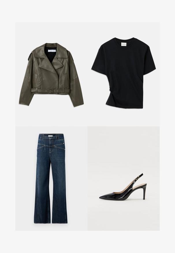 Maslinasto zelena kožna motoristička jakna, skraćeni dizajn, široki reveri, pojas u struku, duge rukave, bočne džepove i ramene epaule. ; Crna majica s kratkim rukavima izrađena od mekog pamuka, s okruglim izrezom i blago zakrivljenim dizajnom za opušteni izgled.; Široke traperice od tamnoplave denima, s visokim strukom, dva prednja džepa i kontrastnim šavovima.; Crne lakirane slingback cipele s oštrim vrhom, uskim potpeticama i suptilnim izrezom. Sadrže zlatnu kopču na traku.