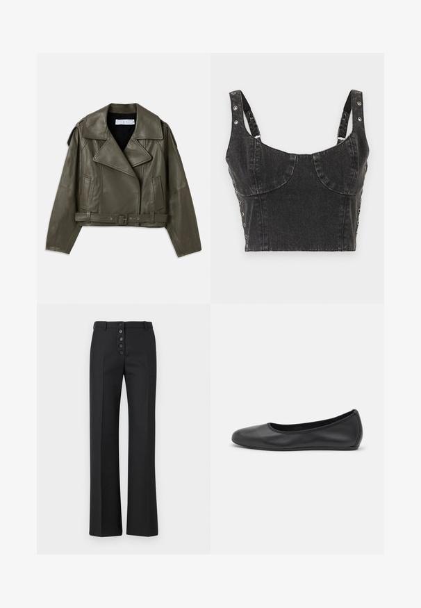 Alyvuogių žalumos odinė motociklininko striukė, trumpinta konstrukcija, plačios apykaklės, dirželis juosmenyje, ilgos rankovės, šoninės kišenės ir pečių epauletai.; Ksubi DAUPHINE BUSTIER SHADOW - Viršus - black; The Kooples PANTALON - Kelnės - black; Juodai odiniai baletai su apvaliu pirštu, lygi texture, minimalus siuvimo detales ir lanksčiu padų dizainu.