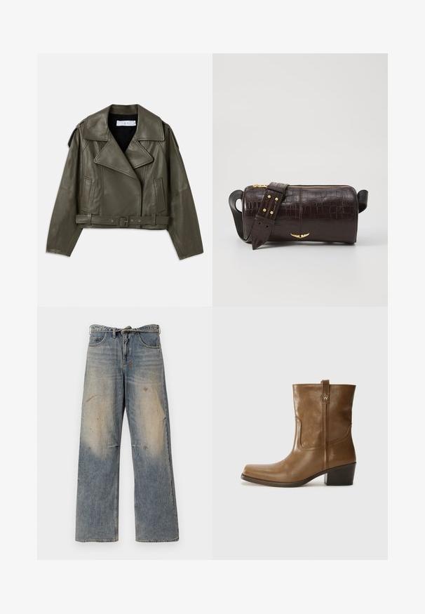 Jachetă de biker din piele de culoare verde măslin, cu un design scurt, reveruri late, talie beltată, mâneci lungi, buzunare laterale și epauleți pe umeri.; Top cu mânecă lungă, de culoare bej deschis, cu decolteu rotund. Realizat dintr-un material moale, prezintă o cusătură centrală și un tiv ușor curbat. Fără elemente de prindere vizibile.; Jeans din denim albastru deschis cu un design lejer și drept pe picioare. Prezintă efecte de uzură, decolorare și detalii uzate în jurul genunchilor. Stil clasic cu cinci buzunare.; Botine din piele maro, cu vârf pătrat, finisaj texturat și toc mic, îngrămădit. Prezentă un tab de tragere la spate și detalii subtile de coasere.; Geantă din piele căptușită cu un model de crocodil de culoare maro, cu o formă cilindrică, accesorii de culoare aurie și un curea detasabilă cu tăieturi.