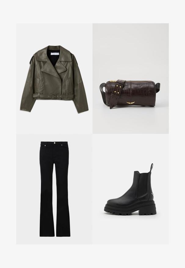 Jachetă de biker din piele de culoare verde măslin, cu un design scurt, reveruri late, talie beltată, mâneci lungi, buzunare laterale și epauleți pe umeri.; Top cu mânecă lungă, de culoare bej deschis, cu decolteu rotund. Realizat dintr-un material moale, prezintă o cusătură centrală și un tiv ușor curbat. Fără elemente de prindere vizibile.; Blugi negri evazați din denim, care prezintă două buzunare frontale, o închidere cu buton și o textură netedă. Coaserea semnăturii vizibilă la cusături.; Bocanci Chelsea negri din piele netedă, cu panouri elastice pe laterale, o talpă groasă, adâncită din cauciuc și un mâner la spate.; Geantă din piele căptușită cu un model de crocodil de culoare maro, cu o formă cilindrică, accesorii de culoare aurie și un curea detasabilă cu tăieturi.