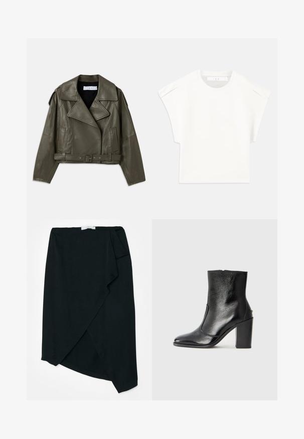 Olivnozeleni usnjeni motoristični jakni, skrajšana zasnova, široki reverji, pas z obleko, dolgi rokavi, stranske žepe in ramenska epaulette.; Bela boxasta majica s kratkimi rokavi. Narejena iz gladkega materiala, z okroglo ovratnikom in diskretnimi poudarki na ramenih. Preprost dizajn.; Črna oblačila s prožno teksturo iz lahkega blaga. Asimetrična dolžina in podrobnosti s pregibom na strani. Brez vidnih kovinskih delov ali dodatkov.; Črne usnjene gležnarske čevlje z gladko teksturo, koničastim nosom in debelim visokim petam. Imajo stransko odprtino in minimalističen dizajn.
