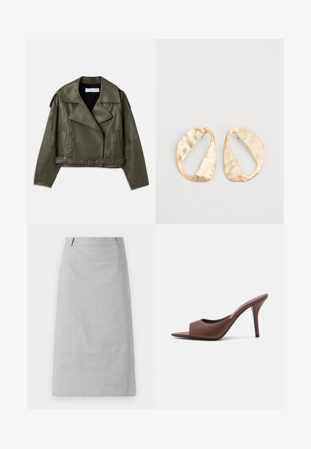 Olivově zelená kožená motorkářská bunda, zkrácený design, široké klopy, pásek v pase, dlouhé rukávy, boční kapsy a ramenní epaulety.; Bílé tričko s dlouhým rukávem vyrobené z žebrované bavlny, s kulatým výstřihem a rovnými lemy. Jednoduchý design bez vzorů nebo akcentů.; Šedá tužková sukně s hladkým povrchem, přiléhavým střihém a plochým pasem, s bočními švy a bez viditelných vzorů či akcentů.; Hnědé kožené otevřené lodičky na vysokém podpatku s elegantním designem, které mají široký přední pás a štíhlý jehlový podpatek.; Pár nepravidelných oválných náušnic z kovu pozlaceného zlatem s texturovaným, mírně kladivkovým povrchem na bílém pozadí.
