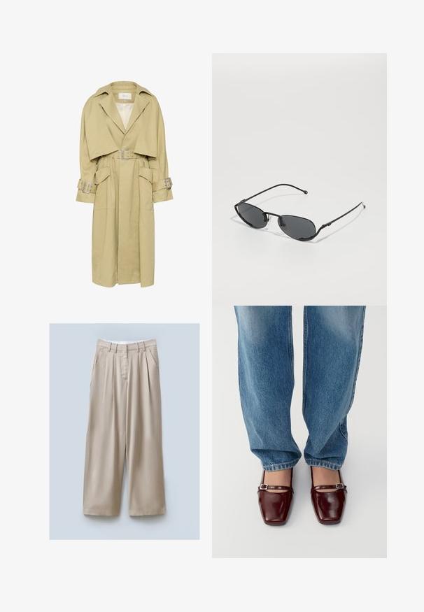 Gestuz SOURI - Lietpaltis - dark yellow/beige; Balta ilgomis rankovėmis bluzelė su klasikiniu apykaklės dizainu, priekyje su sagų uždarymu ir susiraukšlėjimu šoniniuose detalėse. Lygaus audinio, pritaikyta forma.; Bežiniai plačios kojos kelnių su tekstūruotais paviršiais, turintys du šoninius kiškelius, priekinius raukšles ir juosmenį, užtikrinantį tvirtą prigludimą.; Bordo lakinės odos bateliai su kvadratiniu pirštu ir kulkšnies dirželiu, derinami su šviesiai mėlynomis laisvo kirpimo džinsais. Bateliai turi blizgų paviršių.; Juodos saulės akinių su siaurais ovaliais objektyvais, plonais metaliniais rėmeliais ir reguliuojamomis nosies pagalvėlėmis. Ypatybės - stilingas, minimalistinis dizainas.