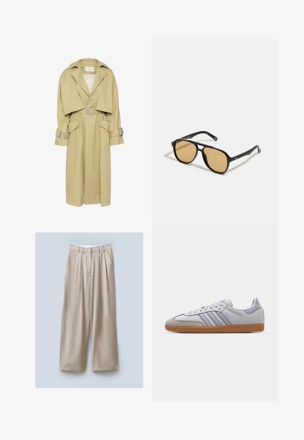 Gestuz SOURI - Šineļveida mētelis - dark yellow/beige; Balts ribots bez piedurknēm, kuram centrā uz krūtīm ir melns izšūts logo. Kakla un roku caurumu malas ir rūpīgi apstrādātas ar smalku apdari.; Bēša plaša kāju bikses ar teksturētu apdari, tajās ir divas sānu kabatas, priekšējie krokas un josta drošai piegulšanai.; Baltas ādas sporta apavi ar gaiši ziliem akcentiem, pelēka zamša purngala un brūnas gumijas zole. Iezīmē trīs zilas svītras un "Samba" zīmolu.; Melnas saulesbrilles ar brūnā tonītiem stikliem; taisnstūra forma ar biezu rāmi, ieskaitot smalku aparatūru akcentu uz tempļiem.