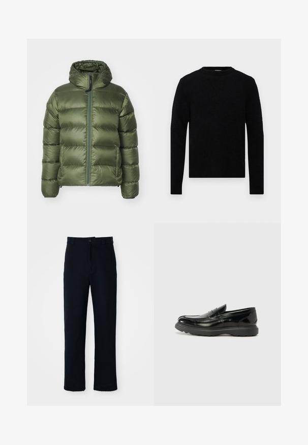 ASPESI BUDD - Sulejope - verdone/dark green; Filippa K SWEATER - Džemper - black; Tumed sinelased püksid puuvillast, sirge lõikega, eesnupu sulgemisega ning klassikalise vöökohaga, kus on vööaasad.; Must musta nahk loafer läikiva viimistlusega, ümar varvas, delikaatsed õmblusdetailid ja paks kummist tallad vastupidavuse tagamiseks.