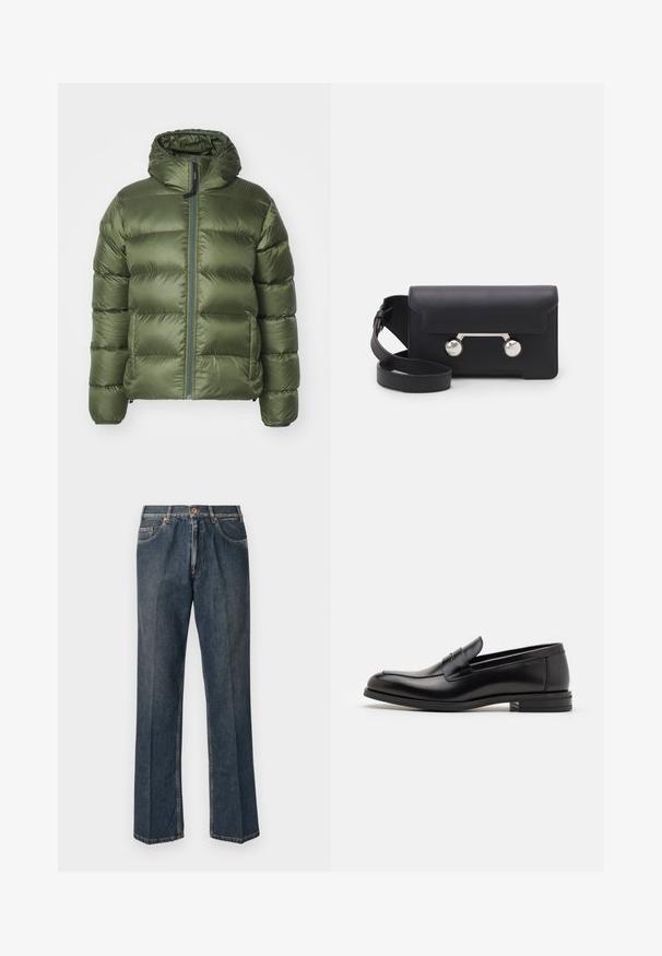 ASPESI BUDD - Gewatteerde jas - verdone/dark green; Crème-kleurige gebreide trui met een polo-kraag, geribde manchetten en zoom, voorzien van een voorste placket en een zachte textuur.; Navy blauwe T-shirt met korte mouwen met witte tekst "neanche per sogno" gecentreerd op de borst, ronde hals, maat medium.; Donkerblauwe rechte spijkerbroek met een knoopsluiting aan de voorkant, rits, dubbele voorzakken en zichtbare verticale plooien langs de benen.; Zwarte leren instappers met een gladde textuur, ronde neus en een decoratieve band over de wreef. Lage, gestapelde hak en minimalistisch ontwerp.; Zwarte leren schoudertas met een klep, zilverkleurige hardware en twee ronde accenten. Voorzien van een afneembare schouderriem. Soepele textuur.