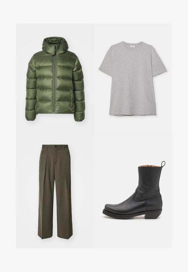 ASPESI BUDD - Daunenjacke - verdone/dark green; Graues T-Shirt mit kurzen Ärmeln aus weichem, strukturiertem Stoff. Verfügt über einen klassischen Rundhalsausschnitt und einen geraden Saum, geeignet für legere Trageanlässe.; Filippa K WIDE TROUSERS - Stoffhose - driftwood; Schwarze Leder-Stiefelette mit glatter Oberfläche, schlankem Profil, seitlicher Naht und niedrigem, quadratischen Absatz. Verfügt über eine Zuglasche an der Rückseite.