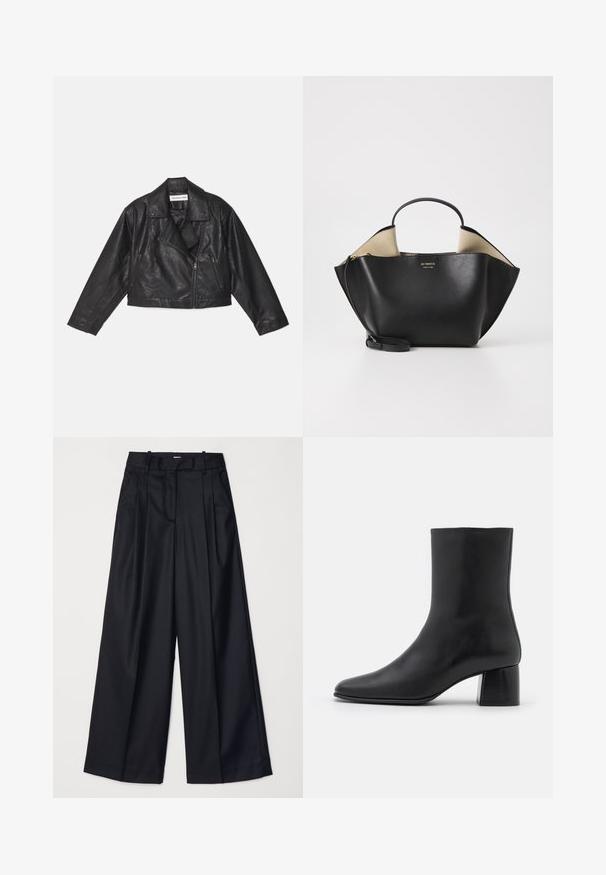 Černá kožená zkrácená biker bunda s klopovým límcem, dlouhými rukávy a zipovým zapínáním. Obsahuje texturovaný povrch a boční kapsy.; Černý dlouhý rukáv top vyrobený z měkkého materiálu, s kulatým výstřihem a volným střihem, se bočními rozparky na olemování pro snadný pohyb.; Černé kalhoty s širokými nohavicemi vyrobené z hladkého materiálu, s vysokým pasem, sklady a přizpůsobeným střihem. Jednoduché černé kování v pase.; Černé kožené kotníkové boty s špičatou špičkou a robustním čtvercovým podpatek. Hladká textura s bezšvovým designem a minimalistickým prošíváním.; Ree Projects ANN TOTE MINI - Kabelka - black